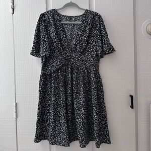 Floral Black and White Plunge Mini Dress